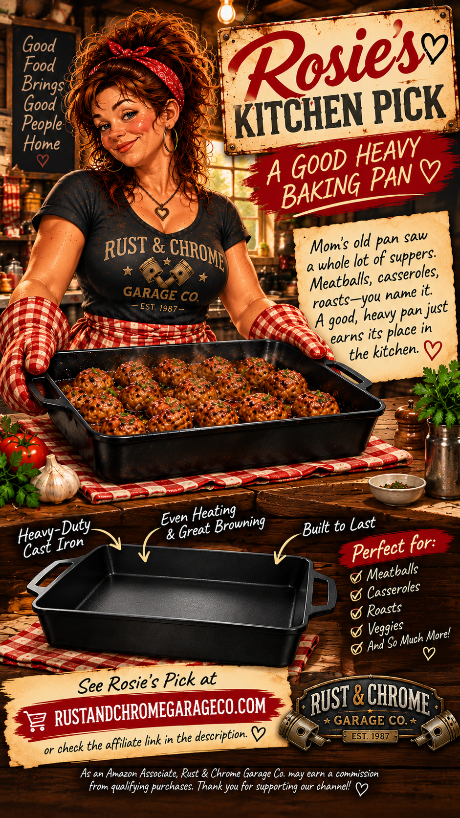 Rosie’s Kitchen Pick artwork featuring a heavy black baking pan with meatballs