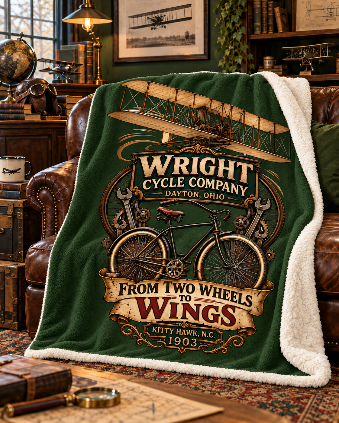 Sherpa blanketFrom Two Wheels to Wings — Wright Brothers 60×80 Sherpa Blanket