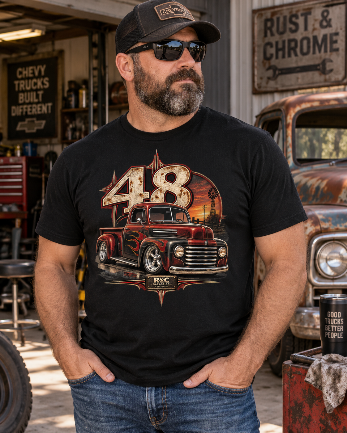 ’48 Hot Rod Hauler — Rust & Chrome Garage Co. Tee