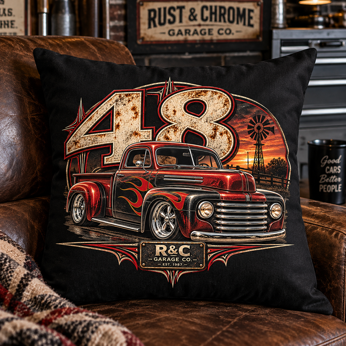 ’48 Hot Rod Hauler — Rust & Chrome Garage Pillow