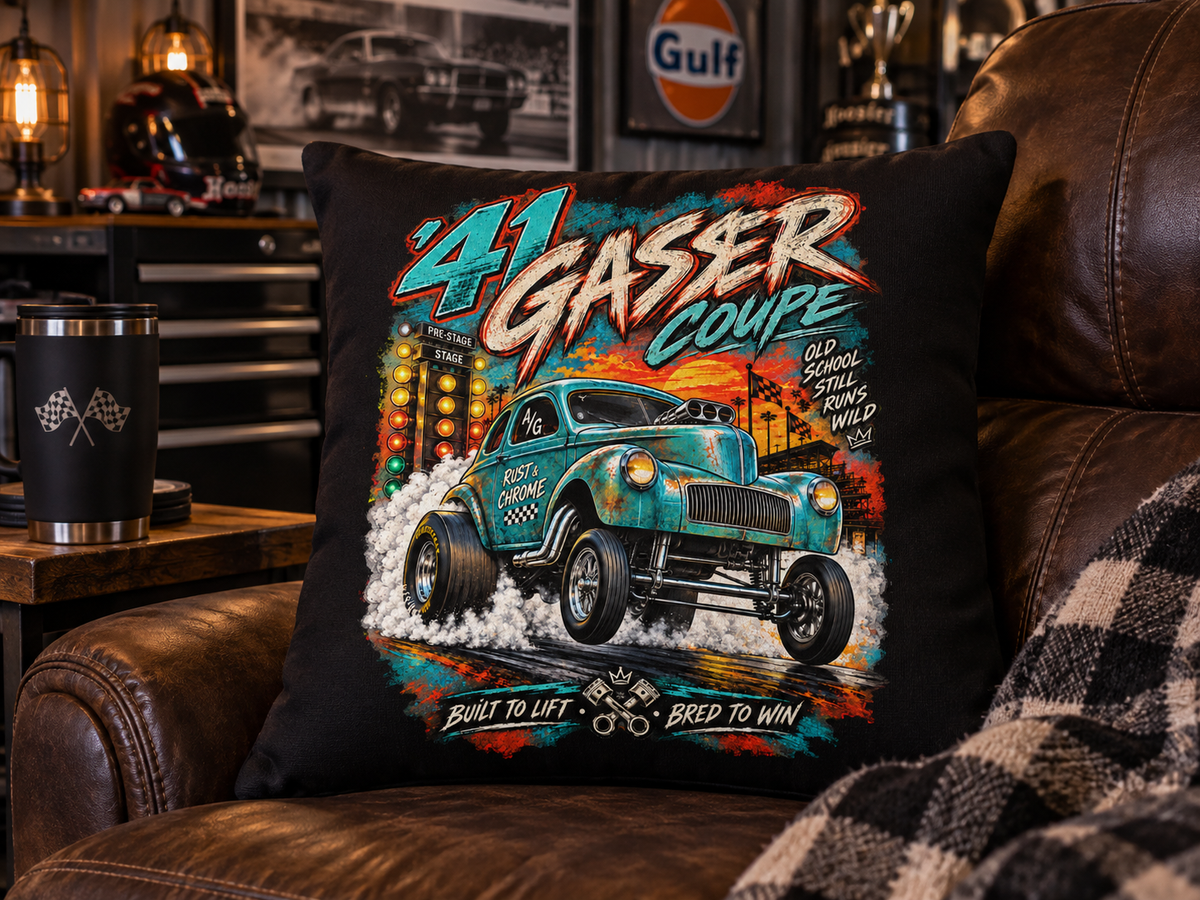 ’41 Gasser Coupe Black Man Cave Pillow – 16×16 Hot Rod Racing Decor