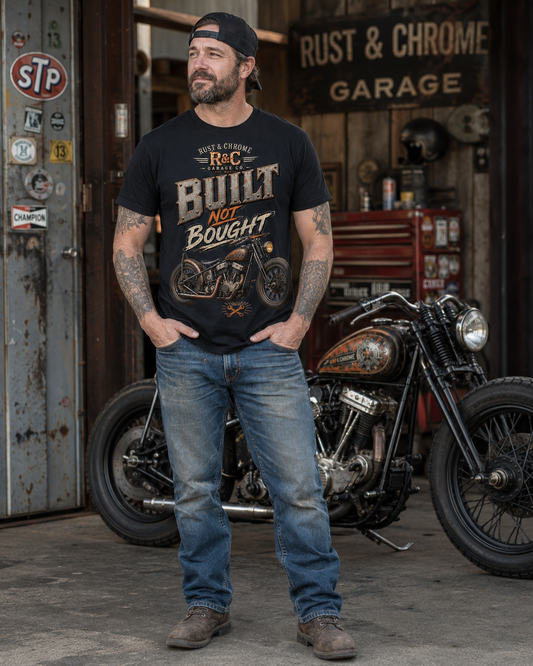 Rust & Chrome Built Not Bought Vintage Bobber Motorcycle Tee