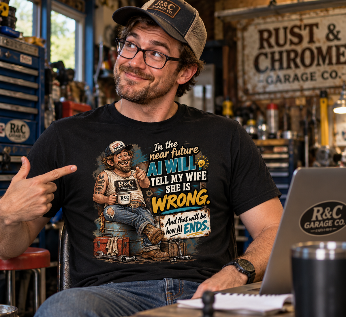 Bobby Joe’s AI Survival Plan — Funny Garage T-Shirt