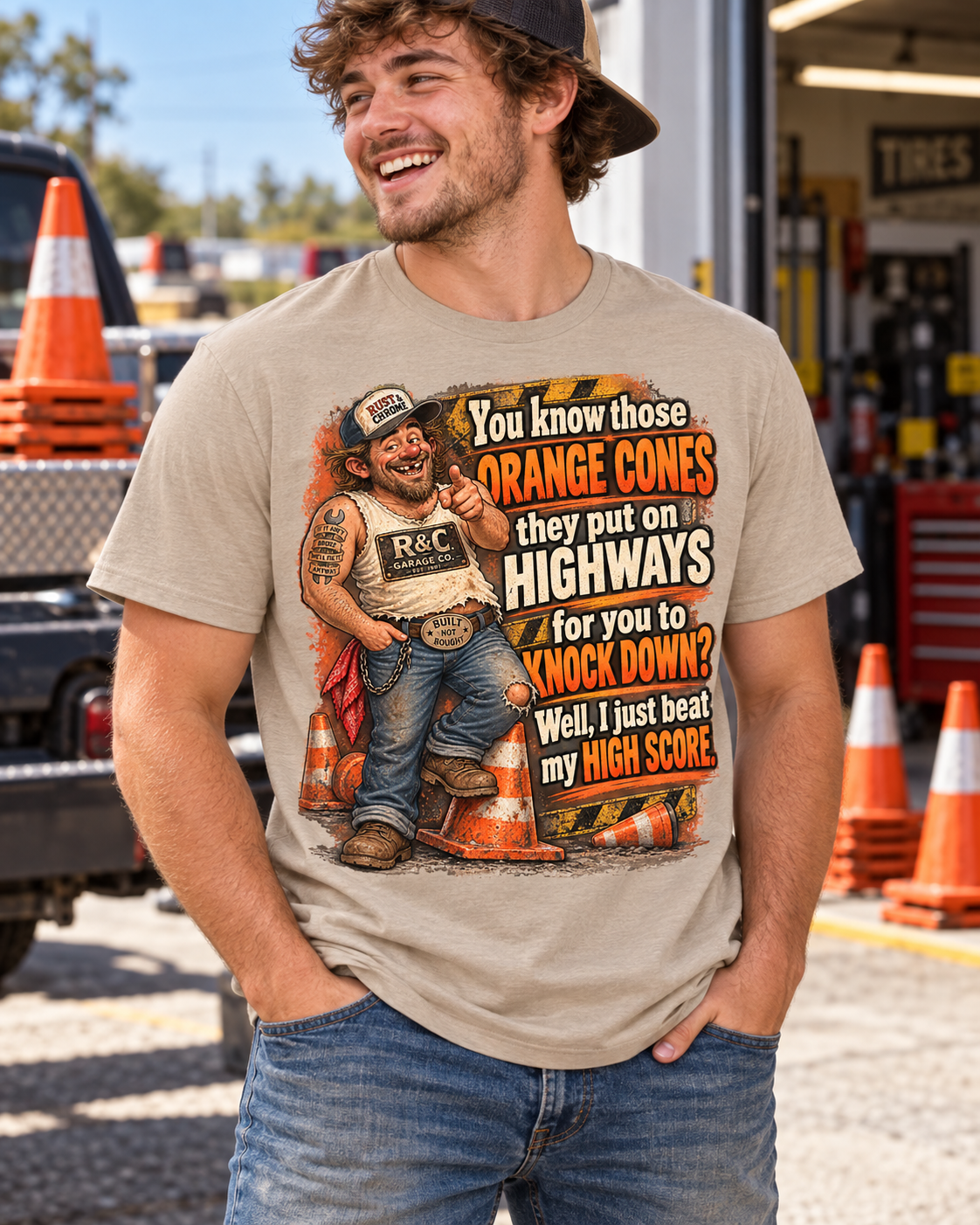 Orange Cone High Score — Bobby Joe Garage Humor T-Shirt