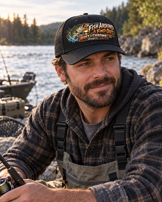 Fish Around & Find Ou Hat — Rust & Chrome Bass Fishing
