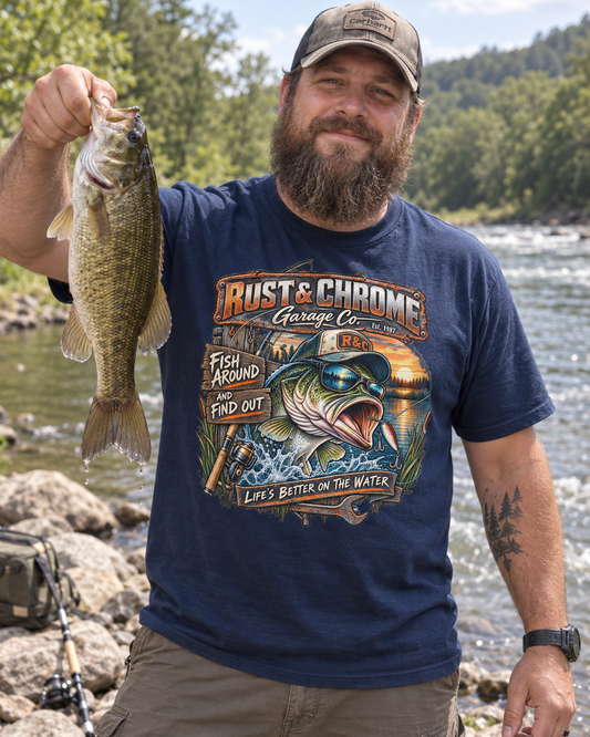 Fish Around & Find Out — Rust & Chrome Bass Fishing Tee