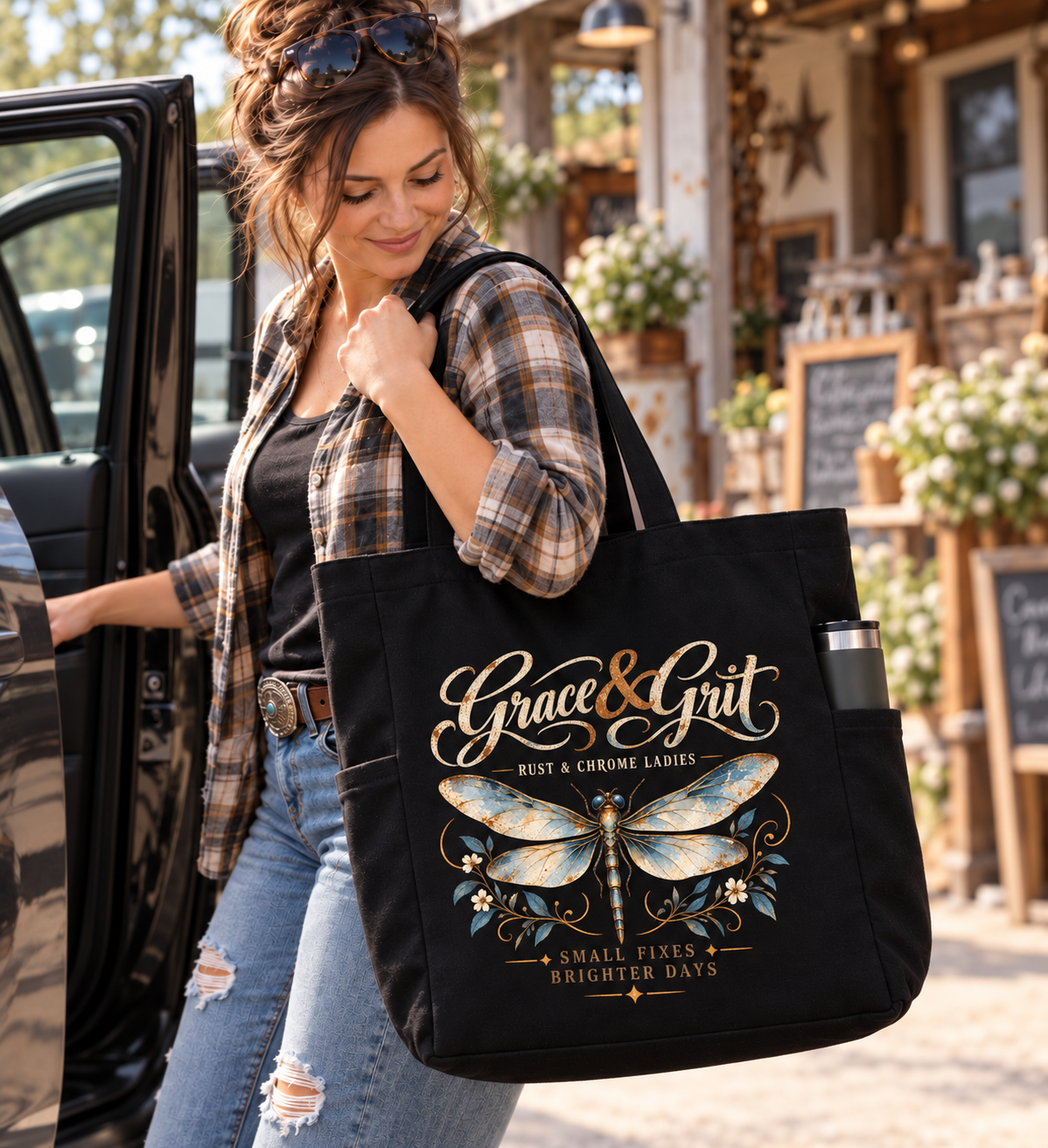 race & Grit Dragonfly Large Tote Bag with Pocket