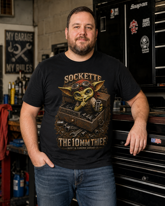 Sockette The 10mm Thief tee - lifestyle shot in garage