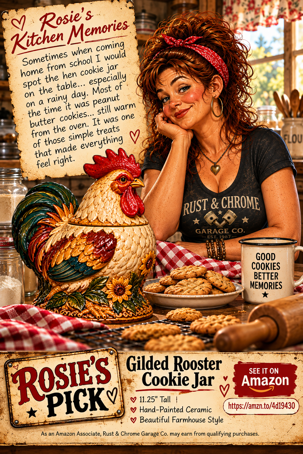 Rosie’s Pick promotional card featuring a colorful rooster cookie jar in a farmhouse kitchen