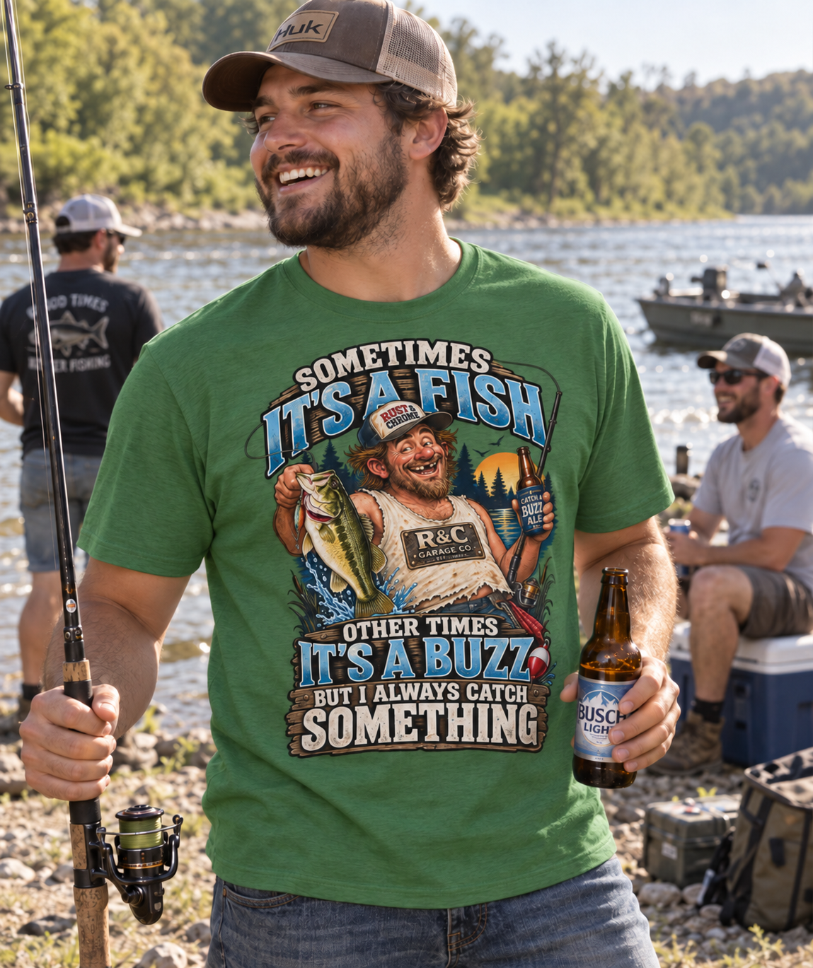 Sometimes It’s a Fish, Sometimes It’s a Buzz — Rust & Chrome Fishing Tee