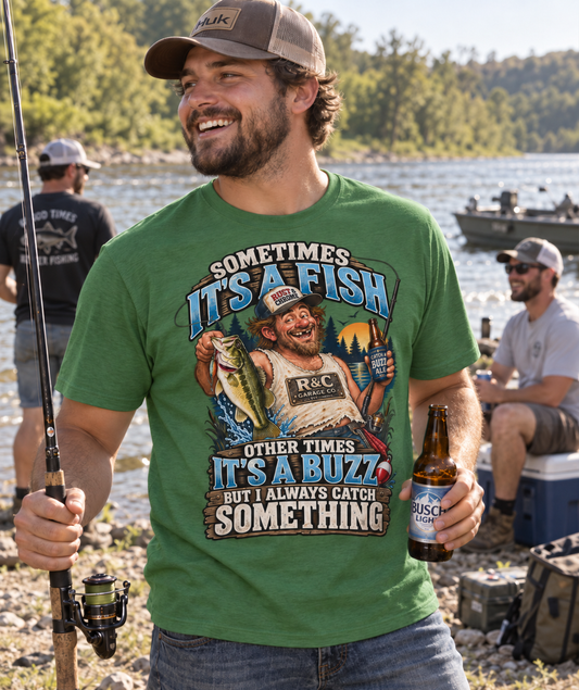 Sometimes It’s a Fish, Sometimes It’s a Buzz — Rust & Chrome Fishing Tee